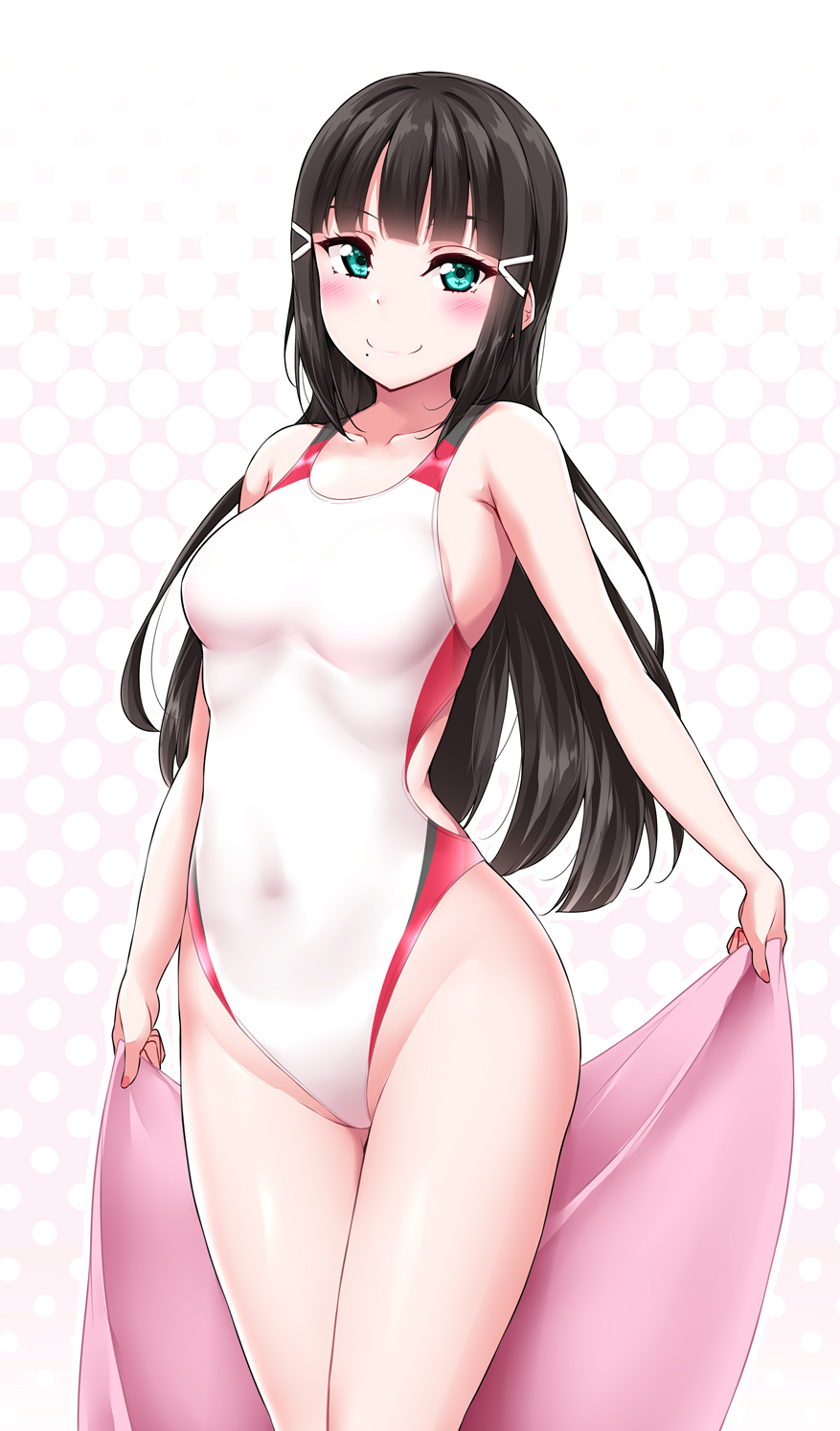 1girl bangs bare_arms bare_legs black_hair blunt_bangs blush breasts collarbone competition_swimsuit covered_navel green_eyes hair_ornament halftone halftone_background highres holding holding_towel kurosawa_dia long_hair love_live! love_live!_sunshine!! medium_breasts mole mole_under_mouth nail_polish one-piece_swimsuit polka_dot polka_dot_background sleeveless smile solo swimsuit thighs towel x_hair_ornament yopparai_oni