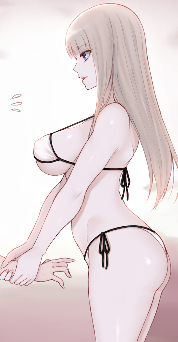 1girl ass bangs bare_shoulders bikini blonde_hair blunt_bangs blush breasts cocq_taichou flying_sweatdrops gradient gradient_background large_breasts long_hair open_mouth original out_of_frame smile swimsuit thighs violet_eyes white_bikini wrist_grab
