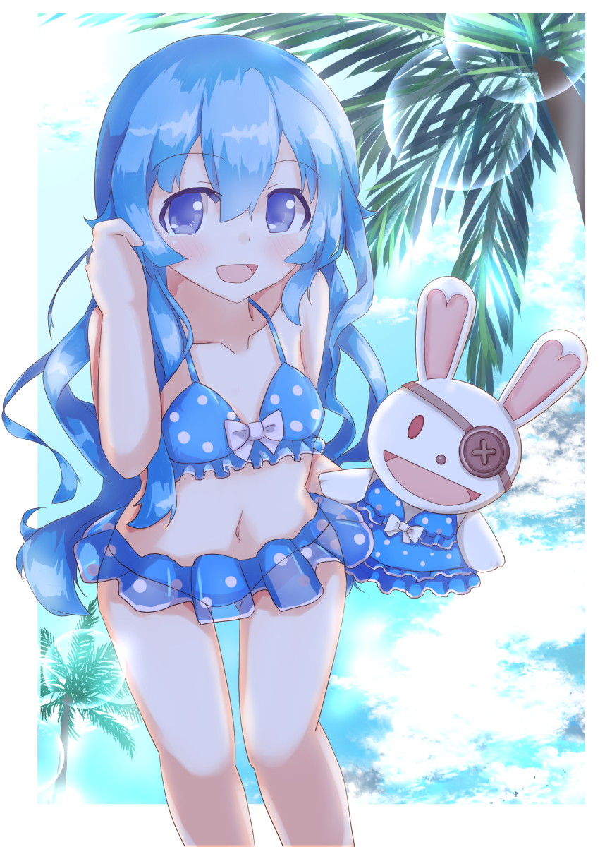 1girl :d bare_arms bare_shoulders bikini blue_bikini blue_eyes blue_hair blue_sky blush bow bow_bikini breasts clouds cloudy_sky collarbone commentary_request date_a_live day frilled_bikini frills fuyuki8208 hand_puppet hand_up highres long_hair looking_at_viewer navel open_mouth palm_tree polka_dot polka_dot_bikini puppet see-through sky small_breasts smile solo swimsuit tree very_long_hair yoshino_(date_a_live) yoshinon