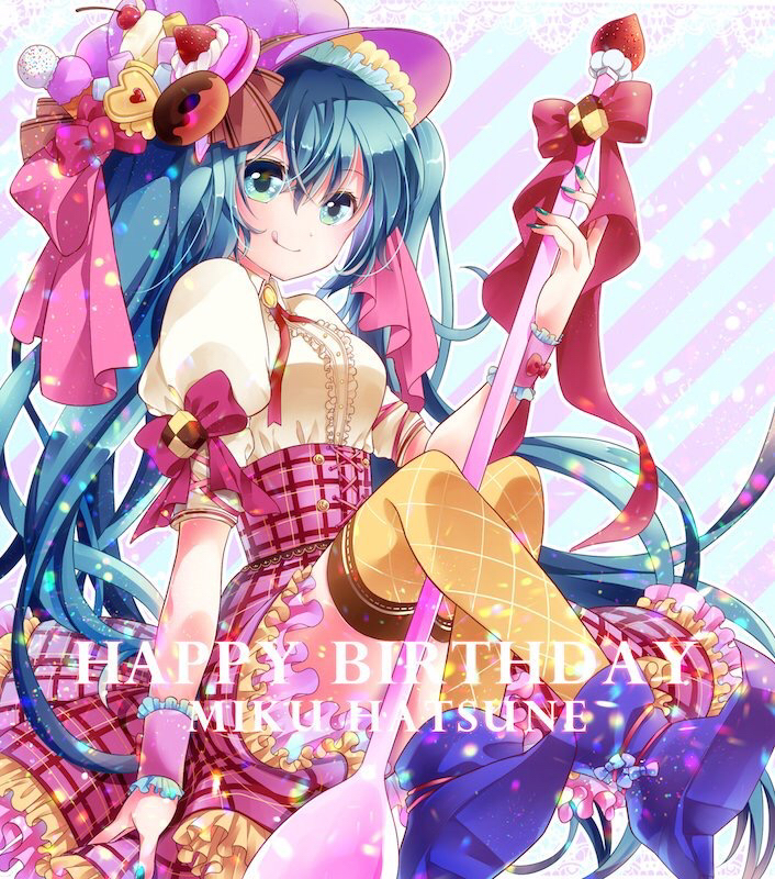 blue_eyes blue_footwear blue_hair blue_nails cat character_name checkerboard_cookie cookie doughnut food food_themed_hair_ornament frills hair_ornament happy_birthday hat hatsune_miku high_heels hihooo holding holding_spoon oversized_object pink_headwear pink_skirt plaid plaid_skirt short_sleeves skirt smile spoon striped striped_background vocaloid yellow_legwear