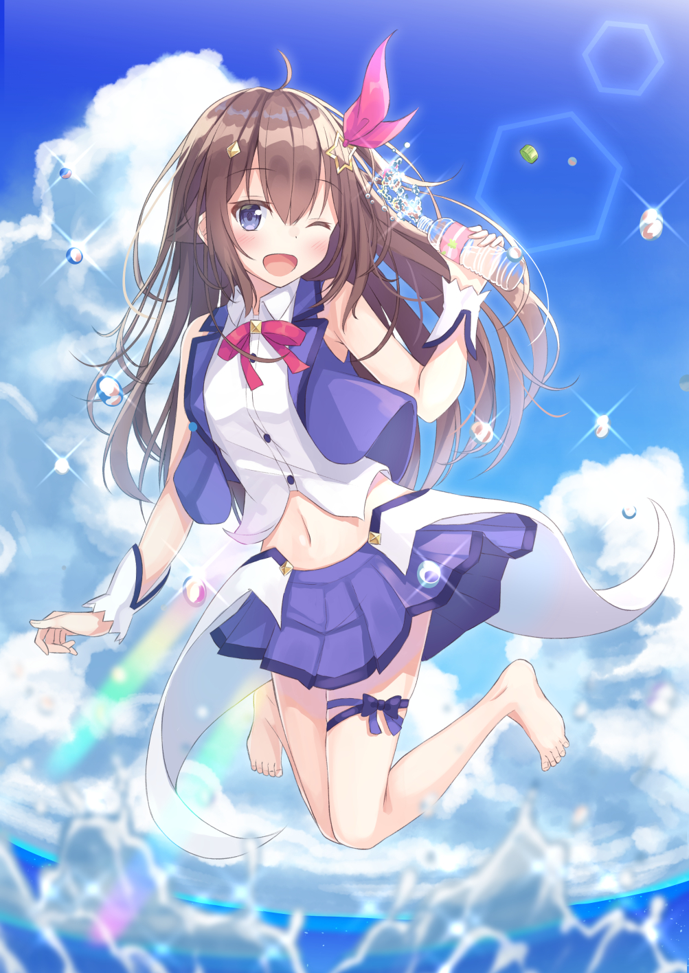 1girl blue_eyes blush bottle brown_hair commentary_request hair_between_eyes highres hololive jumping kugatsu_tooka lens_flare long_hair midriff ocean one_eye_closed open_mouth sky solo tokino_sora tokino_sora_channel virtual_youtuber water_bottle
