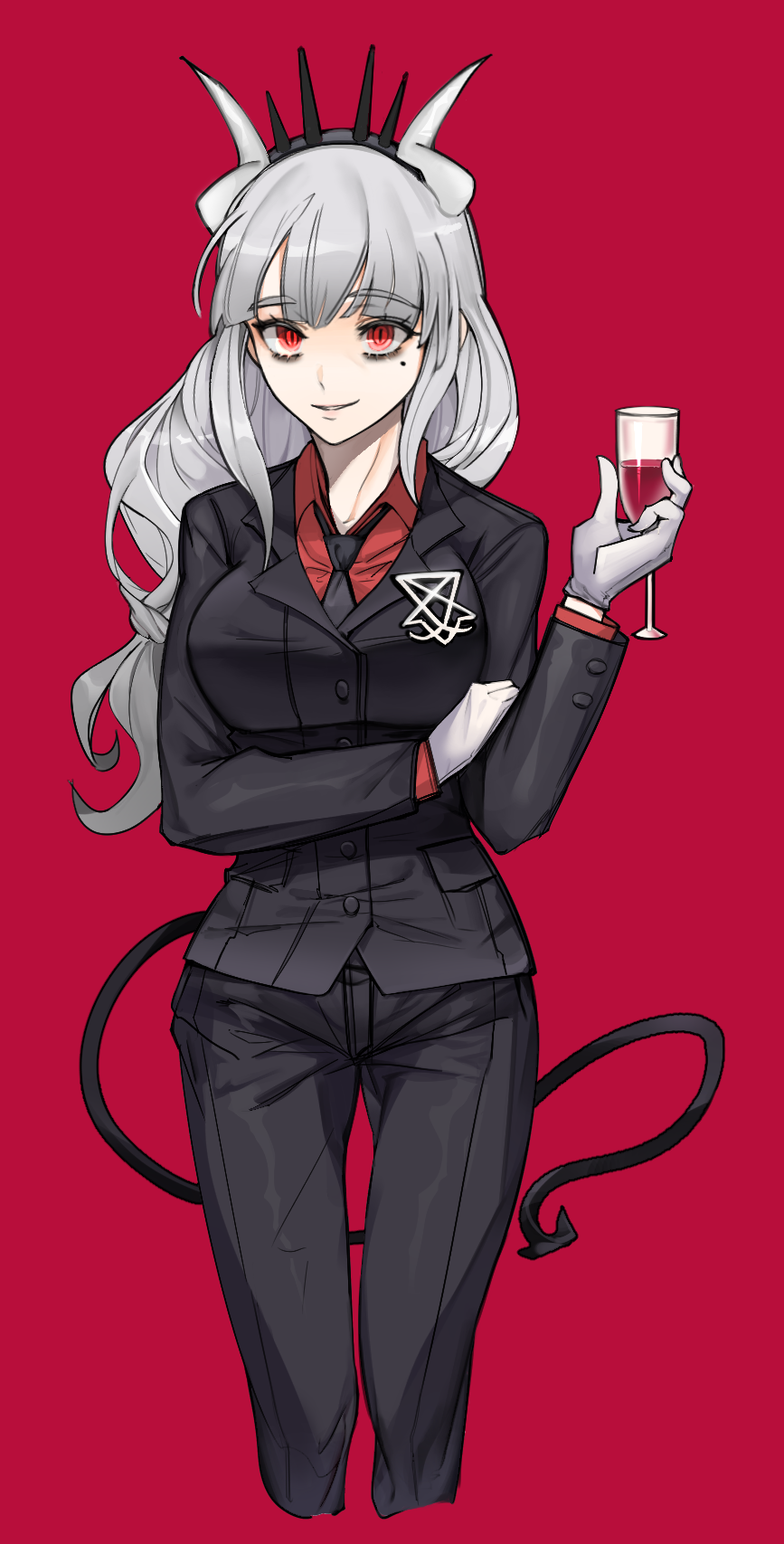 1girl alcohol bangs black_jacket black_neckwear black_pants breasts cizzi collared_shirt commentary cropped_legs cup cupping_glass curled_horns demon_girl demon_horns demon_tail drinking_glass english_commentary eyebrows_visible_through_hair gloves grey_hair helltaker highres holding holding_cup horns jacket long_hair long_sleeves looking_at_viewer lucifer_(helltaker) medium_breasts mole mole_under_eye necktie pants parted_lips red_background red_eyes red_shirt shirt simple_background solo tail tiara very_long_hair white_gloves wine wine_glass