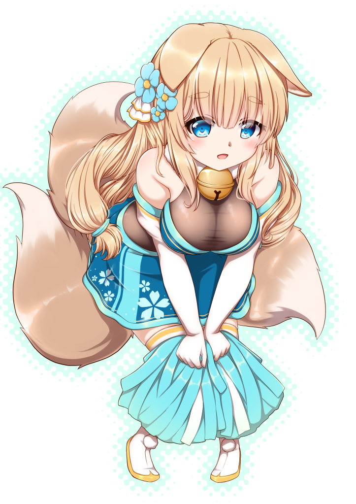 1girl :d adapted_costume animal_ears armpit_crease azur_lane bangs bare_shoulders bell black_bodysuit blonde_hair blue_eyes blue_skirt blush bodysuit boots breasts cheerleader cherry_blossom_print commentary_request crop_top elbow_gloves eyebrows_visible_through_hair floral_print flower fox_ears fox_tail full_body gloves hair_between_eyes hair_flower hair_ornament hestia_(neko_itachi) holding_pom_poms jingle_bell knees_together_feet_apart large_breasts leaning_forward long_hair looking_at_viewer low-tied_long_hair multiple_tails niizuki_(azur_lane) open_mouth outline pom_poms sidelocks simple_background skirt sleeveless_bodysuit smile solo standing tabi tabi_boots tail taut_clothes thick_eyebrows thigh-highs thigh_boots white_background white_footwear white_gloves white_legwear zettai_ryouiki