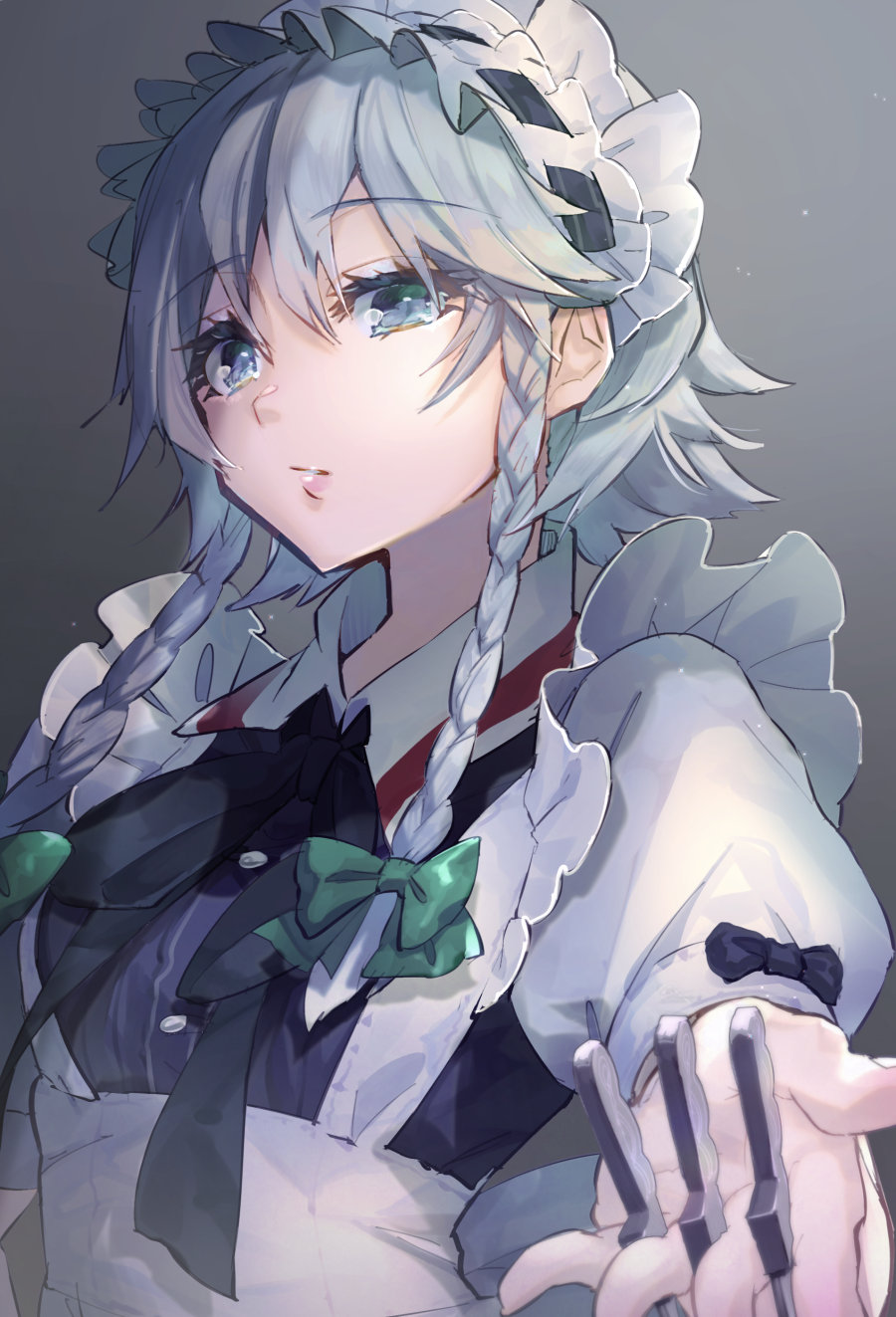 1girl bangs black_neckwear black_ribbon bow braid commentary eyebrows_visible_through_hair green_bow grey_background grey_eyes hair_between_eyes hair_bow highres holding holding_knife holding_weapon izayoi_sakuya knife knives_between_fingers looking_at_viewer maid maid_headdress neck_ribbon puffy_short_sleeves puffy_sleeves ribbon shirt short_hair short_sleeves silver_hair solo syuri22 touhou twin_braids upper_body weapon white_shirt