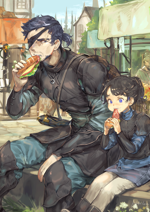 1boy 1girl armor black_hair blurry bracer breastplate child city depth_of_field eating eyepatch fantasy food jewelry leather_armor looking_to_the_side necklace nightmare-kck original outdoors sandwich short_hair short_ponytail sitting violet_eyes