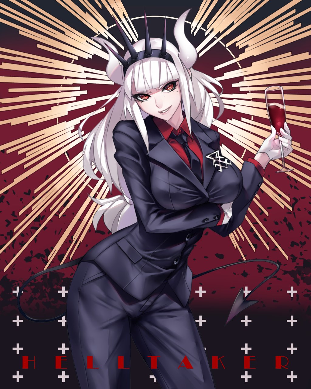 1girl alcohol ban bangs blunt_bangs breasts copyright_name crown cup demon_girl drinking_glass formal gloves grin helltaker highres horns long_hair looking_at_viewer lucifer_(helltaker) mole mole_under_eye necktie red_eyes smile solo suit tail white_gloves white_hair wine wine_glass