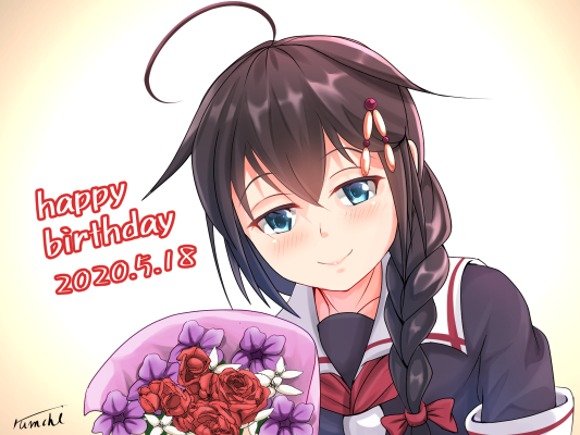1girl ahoge black_hair black_serafuku blue_eyes bouquet braid commentary_request cowboy_shot dated flower gradient gradient_background hair_flaps hair_ornament hair_over_shoulder happy_birthday kantai_collection looking_at_viewer remodel_(kantai_collection) rumachi sailor_collar school_uniform serafuku shigure_(kantai_collection) single_braid solo upper_body white_background white_sailor_collar