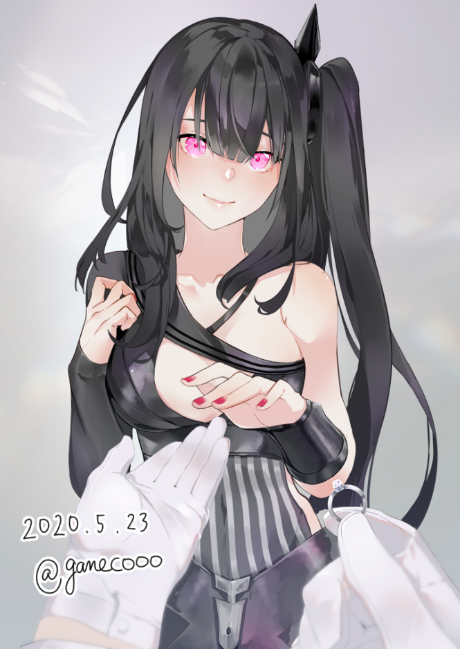 1girl black_hair blush bracer breasts character_request closed_mouth commander_(girls_frontline) dated dress fingernails girls_frontline gloves grey_background hair_between_eyes head_tilt holding jewelry large_breasts looking_at_viewer nail_polish nello_(luminous_darkness) one_side_up pink_eyes pov pov_hands red_nails ring single_bare_shoulder smile solo_focus twitter_username wedding_ring white_gloves