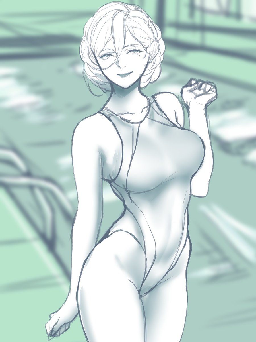 1girl alternate_costume blurry braid breasts collarbone commentary_request competition_swimsuit cowboy_shot depth_of_field greyscale hair_between_eyes highres kantai_collection large_breasts lips long_hair looking_at_viewer mole mole_under_eye mole_under_mouth monochrome one-piece_swimsuit pool pool_ladder richelieu_(kantai_collection) shingyo solo standing swimsuit tied_hair