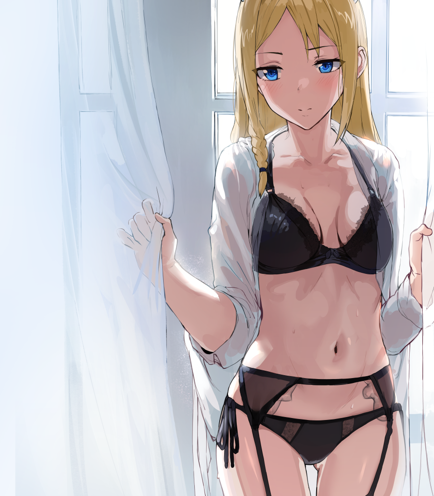 1girl backlighting bangs black_bra black_panties blonde_hair blue_eyes blush bra breasts collarbone collared_shirt curtains dress_shirt garter_belt hair_between_eyes hayasaka_ai hews_hack kaguya-sama_wa_kokurasetai_~tensai-tachi_no_renai_zunousen~ long_hair medium_breasts navel open_clothes open_shirt panties shirt sidelocks underwear white_shirt