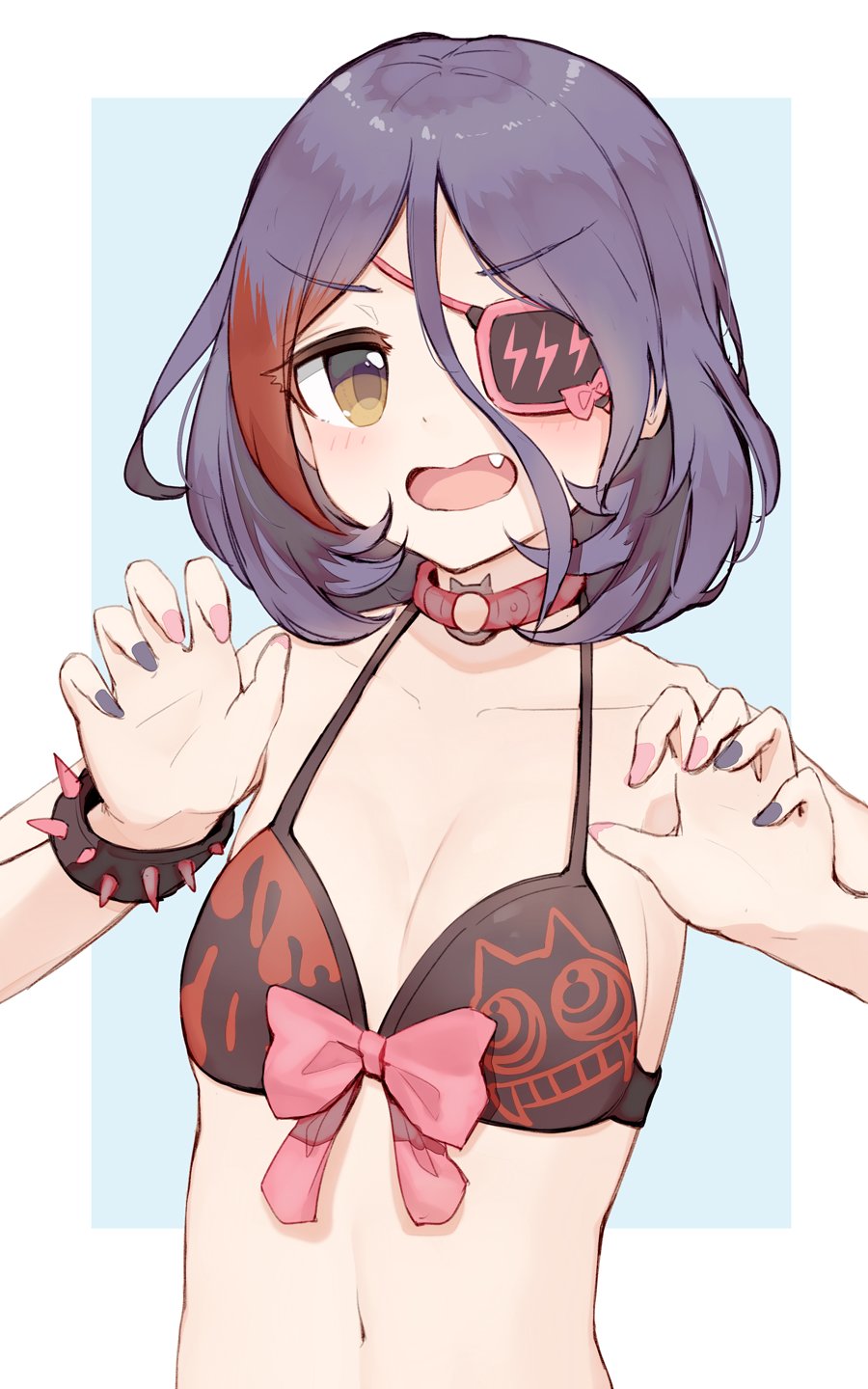 1girl bangs bikini bow bow_bikini bracelet brown_eyes choker claw_pose collarbone eyebrows_visible_through_hair eyepatch eyes_visible_through_hair fang flat_chest hair_between_eyes hayasaka_mirei highres idolmaster idolmaster_cinderella_girls jewelry looking_at_viewer multicolored multicolored_hair multicolored_nails navel o-ring o-ring_choker open_mouth parted_bangs pink_bow pink_nails purple_hair purple_nails red_choker redhead shone short_hair simple_background solo spiked_bracelet spikes stomach streaked_hair swimsuit two-tone_hair upper_body