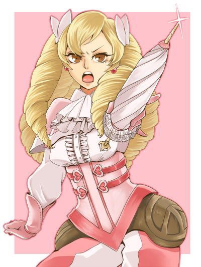 1girl angry ascot blonde_hair bow brown_eyes capelet corset cowboy_shot dangle_earrings drill_hair earrings eyelashes fire_emblem fire_emblem_awakening frilled_umbrella gloves hair_bow heart jewelry karaurikara leather leather_gloves long_hair looking_at_viewer maribelle_(fire_emblem) open_mouth pants pink_background pink_bow pink_capelet pink_gloves pink_pants pointing_weapon shirt shouting simple_background solo sparkle umbrella white_shirt