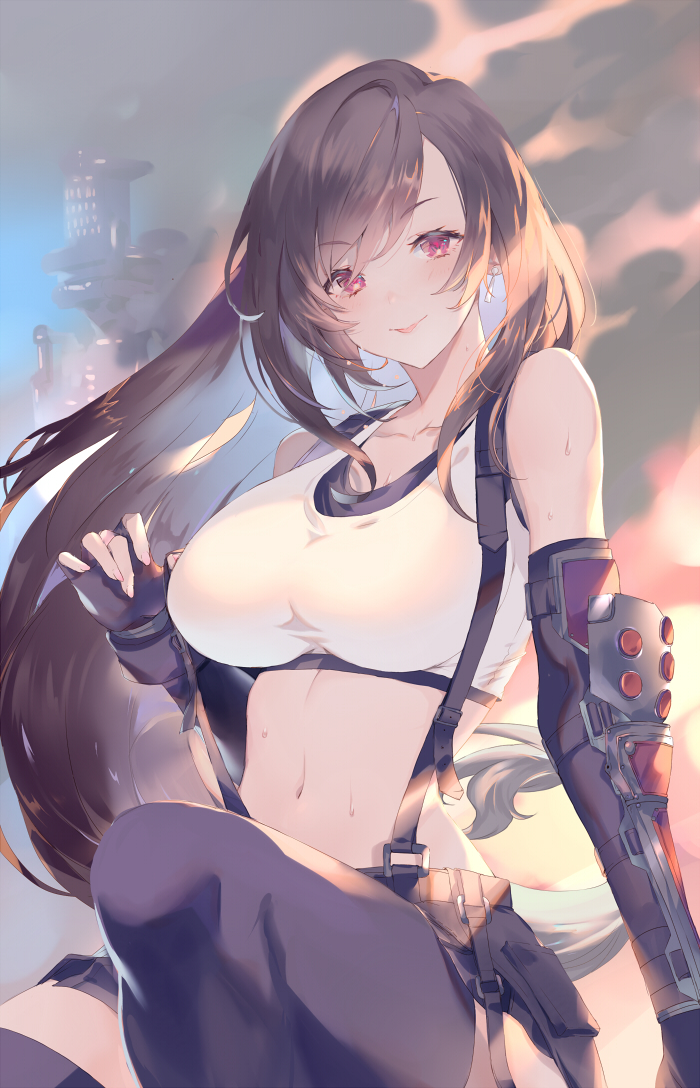1girl arm_support bangs bare_shoulders belt black_belt black_hair black_legwear black_skirt black_sports_bra blush breasts cityscape collarbone commentary_request cowboy_shot crop_top earrings elbow_gloves eyebrows_visible_through_hair final_fantasy final_fantasy_vii final_fantasy_vii_remake fingerless_gloves floating_hair gauntlets gloves hair_between_eyes hanatora_yuki jewelry knee_up large_breasts long_hair looking_at_viewer low-tied_long_hair midriff navel shirt sidelocks sitting skirt smile smoke solo suspender_skirt suspenders suspenders_pull sweat tank_top taut_clothes taut_shirt thigh-highs tifa_lockhart violet_eyes white_tank_top zettai_ryouiki