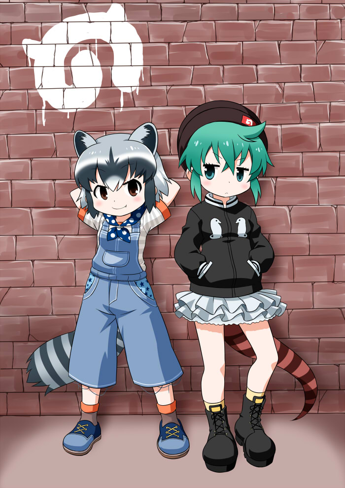 2girls against_wall akou_roushi alternate_costume animal_ears arms_behind_head arms_up bare_arms bare_legs black_hair brick_wall brown_eyes cardigan casual closed_mouth common_raccoon_(kemono_friends) contemporary extra_ears eyebrows_visible_through_hair fang fang_out frilled_skirt frills full_body graffiti green_eyes green_hair grey_hair hair_between_eyes hands_in_pockets hat japari_symbol kemono_friends leaning_back long_sleeves microskirt multicolored_hair multiple_girls overalls pocket raccoon_ears raccoon_tail shirt shoes short_hair short_sleeves sidelocks skirt smile snake_tail socks standing standing_on_one_leg tail tsuchinoko_(kemono_friends) v-shaped_eyebrows wall white_hair zipper