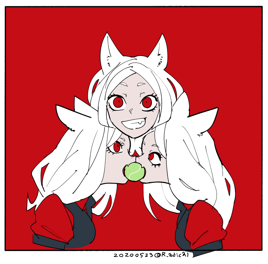 3girls animal_ears ball bangs breasts cerberus_(helltaker) dog_ears fang grin helltaker in_mouth long_hair looking_at_viewer mado_(mukade_tou) multiple_girls open_mouth parted_bangs red_eyes smile teeth tennis_ball vest white_hair