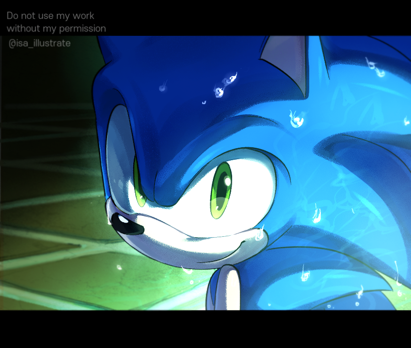 1boy animal_ears blue_fur closed_mouth derivative_work green_eyes ground hedgehog hedgehog_ears isa-415810 korean_commentary letterboxed looking_at_viewer male_focus mixed-language_commentary screencap_redraw smile snout sonic sonic_the_hedgehog sonic_x water_drop wet