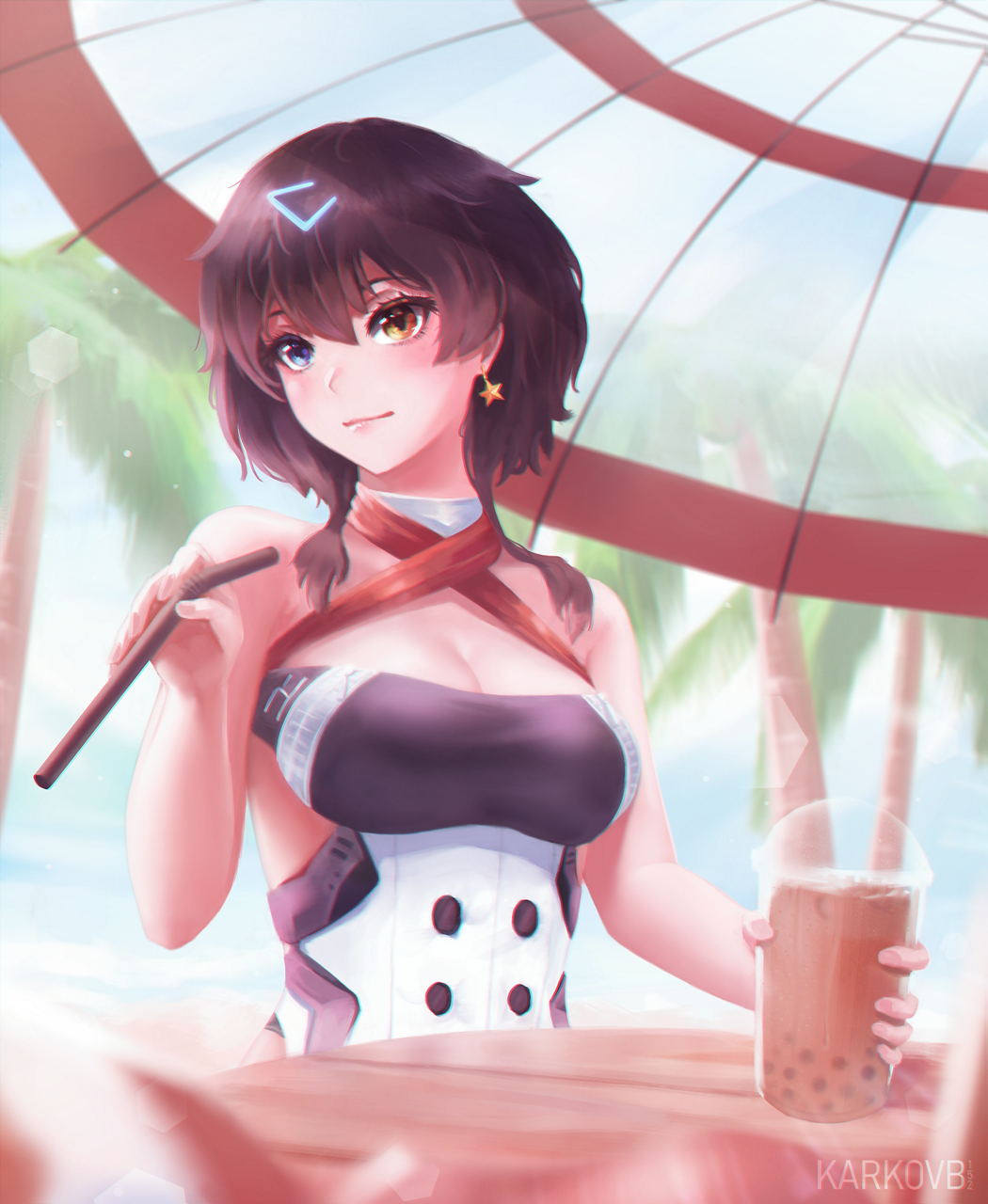 arm_strap azur_lane black_hair breasts bubble_tea drinking_straw earrings georgia_(azur_lane) hair_ornament heterochromia highres jewelry kmrd-fanddi large_breasts palm_tree star star-shaped_eyewear star_earrings table tree umbrella zipper zipper_pull_tab