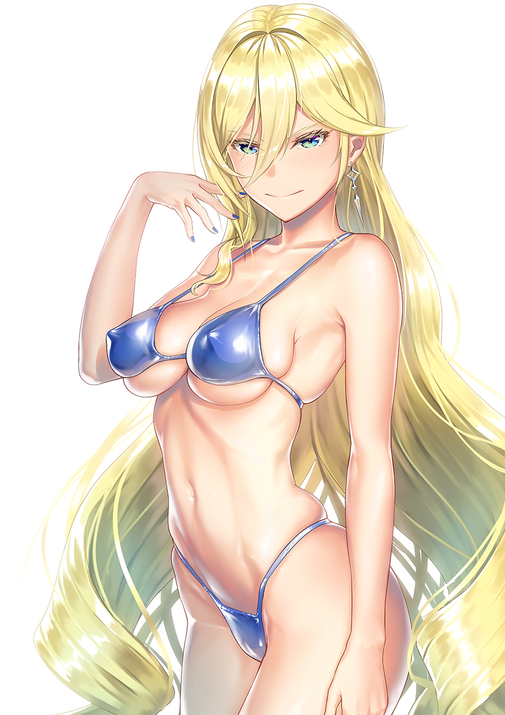 &gt;:) 1girl arm_at_side bianka_durandal_ataegina big_hair bikini blonde_hair blue_bikini blue_eyes blue_nails blush breasts commentary_request covered_nipples cowboy_shot earrings gotointhepark hair_between_eyes hand_to_head highres honkai_(series) honkai_impact_3rd jewelry long_hair looking_at_viewer medium_breasts micro_bikini nail_polish skindentation smile solo standing swimsuit very_long_hair