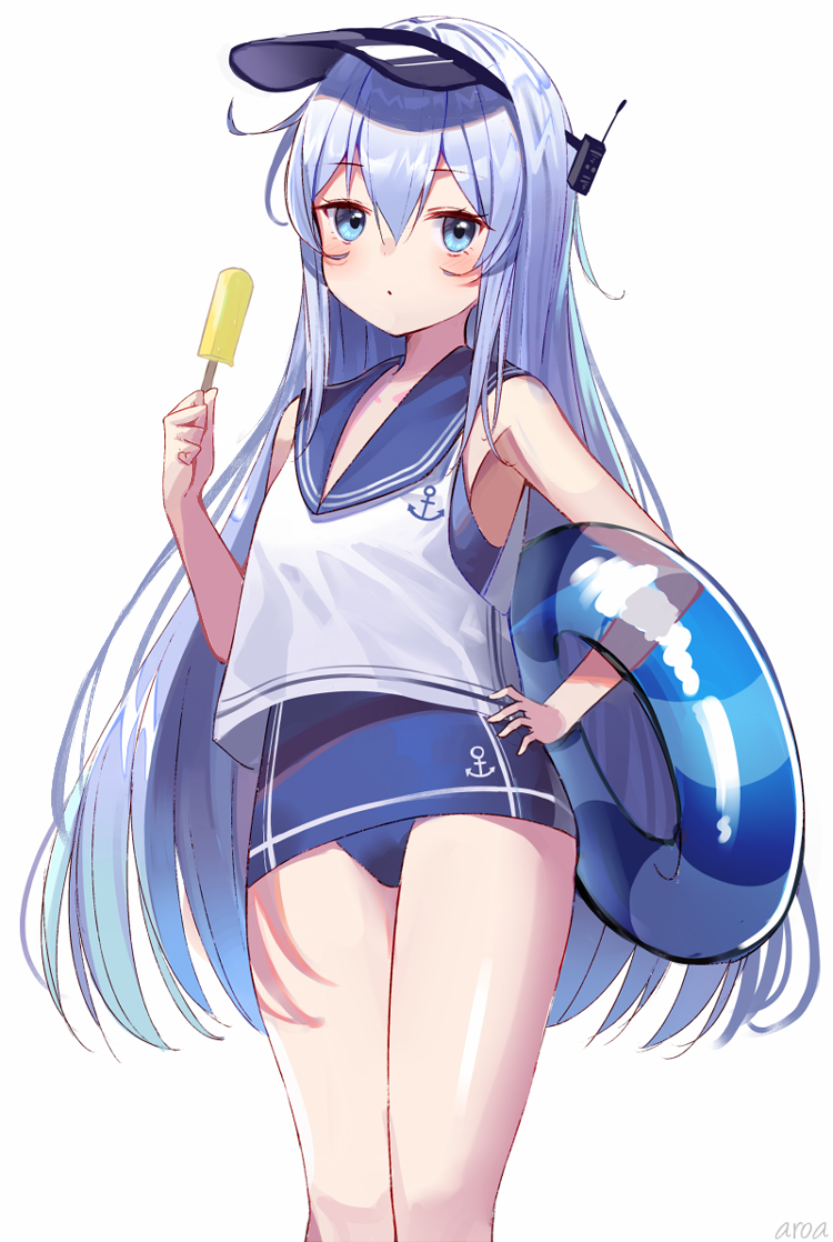 1girl anchor_symbol aroa_(aroamoyasi) artist_name blue_eyes blue_hair blue_sailor_collar blush eyebrows_visible_through_hair food hair_between_eyes hand_on_hip hibiki_(kantai_collection) holding holding_food kantai_collection long_hair looking_at_viewer popsicle sailor_collar school_swimsuit simple_background solo swimsuit swimsuit_under_clothes thighs very_long_hair visor_cap white_background