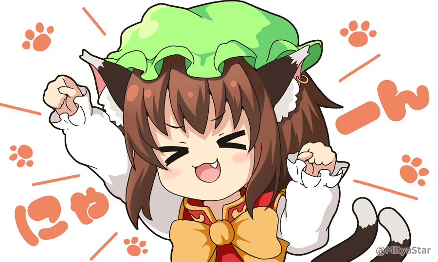 &gt;_&lt; 1girl :d animal_ear_fluff animal_ears arm_up bangs bow brown_hair cat_ears cat_girl cat_tail chen closed_eyes commentary_request dress ear_piercing eyebrows_visible_through_hair facing_viewer fang green_headwear hat long_sleeves miicha mob_cap multiple_tails open_mouth piercing puffy_long_sleeves puffy_sleeves red_dress shirt sleeves_past_wrists smile solo tail touhou translation_request two_tails upper_body white_background white_shirt xd yellow_bow