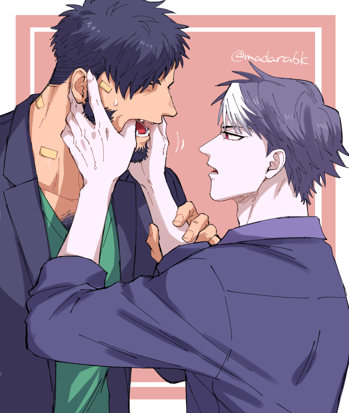 2boys bandaid beard blue_hair blue_jacket chest_hair claws coffee_talk facial_hair finger_in_mouth fingernails gala_(coffee_talk) green_shirt hair_over_one_eye hand_on_another's_arm hyde_(coffee_talk) jacket madara6k multicolored_hair multiple_boys profile purple_hair red_eyes sharp_fingernails sharp_teeth shirt simple_background teeth vampire werewolf