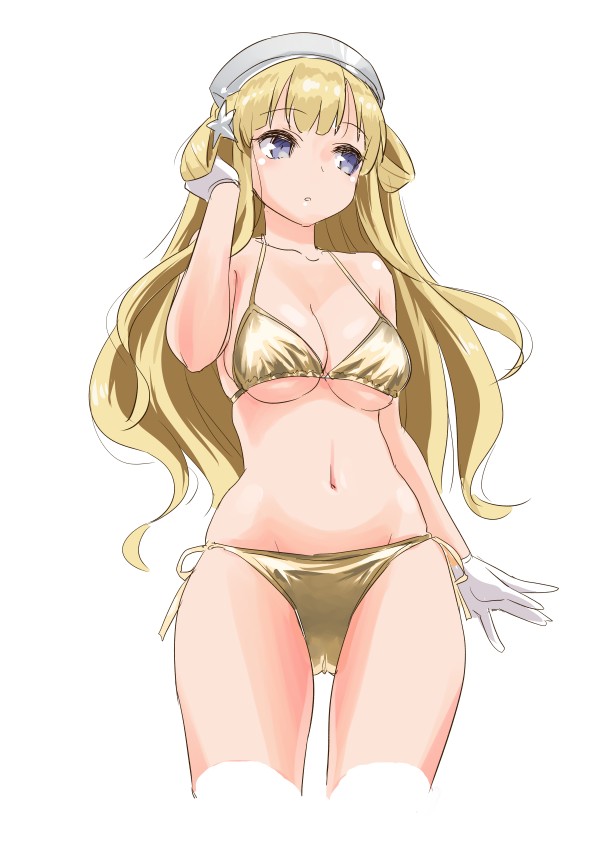 1girl bikini blonde_hair blue_eyes breasts collarbone commentary_request cowboy_shot double_bun fletcher_(kantai_collection) gloves gold_bikini hair_ornament hairband kantai_collection large_breasts long_hair looking_at_viewer remodel_(kantai_collection) side-tie_bikini simple_background solo standing star star_hair_ornament swimsuit tamu_(mad_works) white_background white_gloves