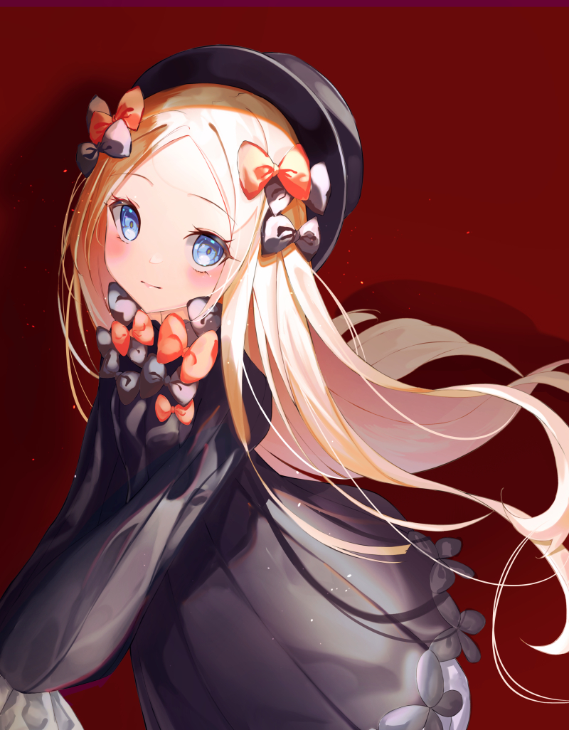 1girl abigail_williams_(fate/grand_order) bangs black_bow black_dress black_headwear blonde_hair blue_eyes blush bow breasts closed_mouth dress fate/grand_order fate_(series) forehead hair_bow hat long_hair long_sleeves looking_at_viewer merryj multiple_bows orange_bow parted_bangs ribbed_dress sleeves_past_fingers sleeves_past_wrists small_breasts smile white_bloomers