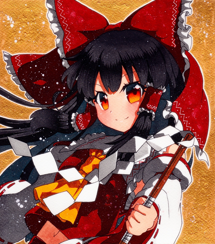 1girl bangs bare_shoulders black_hair bow closed_mouth collar eyebrows_visible_through_hair gohei hair_tubes hakurei_reimu hand_up long_hair long_sleeves orange_background qqqrinkappp red_bow red_eyes red_skirt red_vest shikishi simple_background skirt solo touhou traditional_media vest white_collar white_sleeves yellow_neckwear