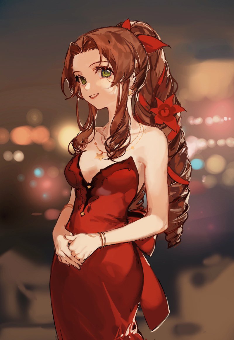 1girl aerith_gainsborough bare_arms bare_shoulders blurry blurry_background bracelet braid breasts brown_hair ciloranko city_lights collarbone cowboy_shot depth_of_field dress final_fantasy final_fantasy_vii final_fantasy_vii_remake flower green_eyes hair_ribbon jewelry long_hair medium_breasts necklace night outdoors red_dress ribbon smile solo strapless strapless_dress