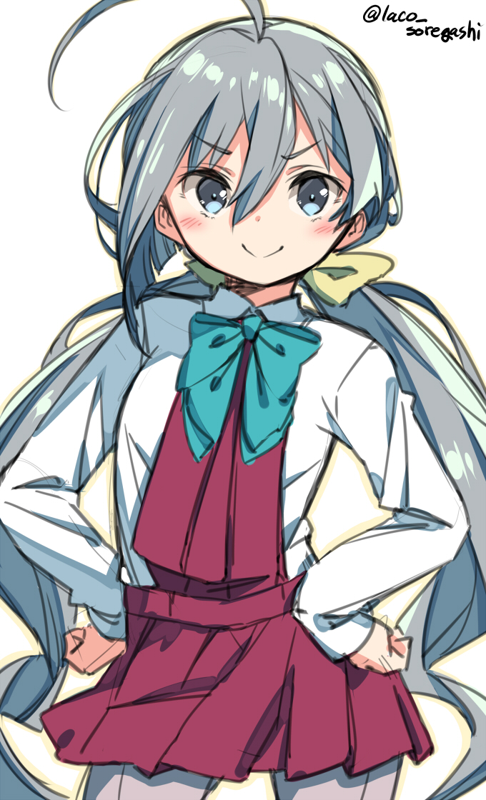 1girl ahoge bow bowtie commentary_request grey_eyes grey_hair grey_legwear hair_between_eyes halterneck hands_on_hips kantai_collection kiyoshimo_(kantai_collection) laco_soregashi long_hair looking_at_viewer low_twintails pantyhose school_uniform shirt simple_background smug solo twintails twitter_username white_background white_shirt