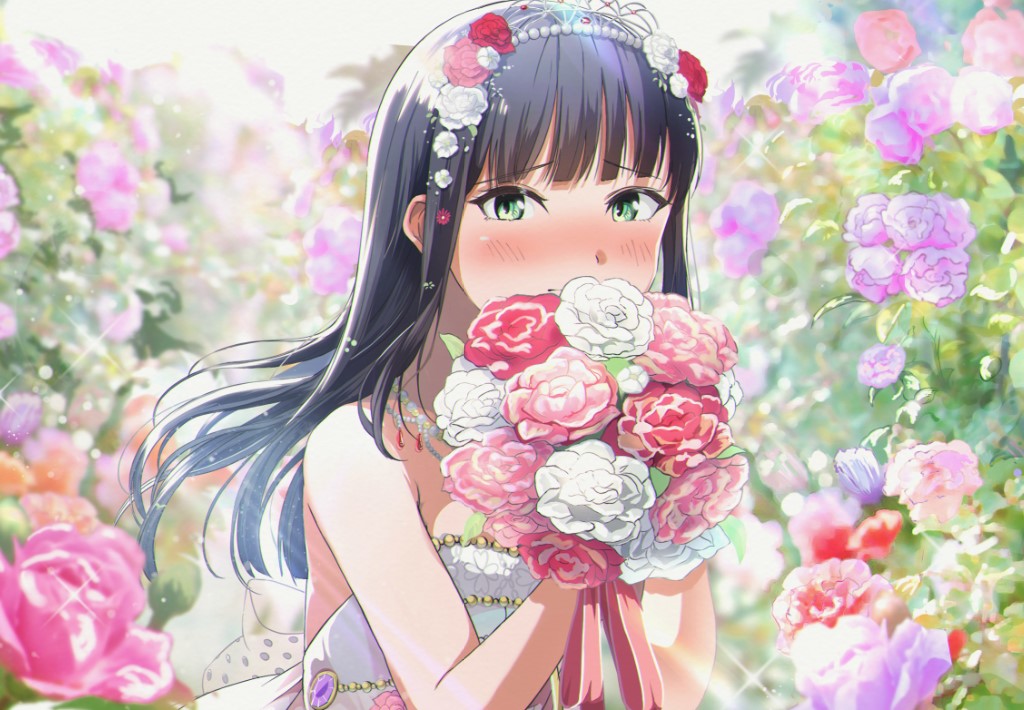 1girl bangs bare_shoulders black_hair blurry blurry_background blurry_foreground blush bouquet closed_mouth commentary_request depth_of_field dress eyebrows_visible_through_hair flower green_eyes hair_flower hair_ornament holding holding_bouquet kurosawa_dia long_hair love_live! love_live!_sunshine!! pink_flower pink_rose purple_flower purple_rose red_flower red_rose rose shaka_(staito0515) solo strapless strapless_dress tiara very_long_hair white_dress white_flower white_rose