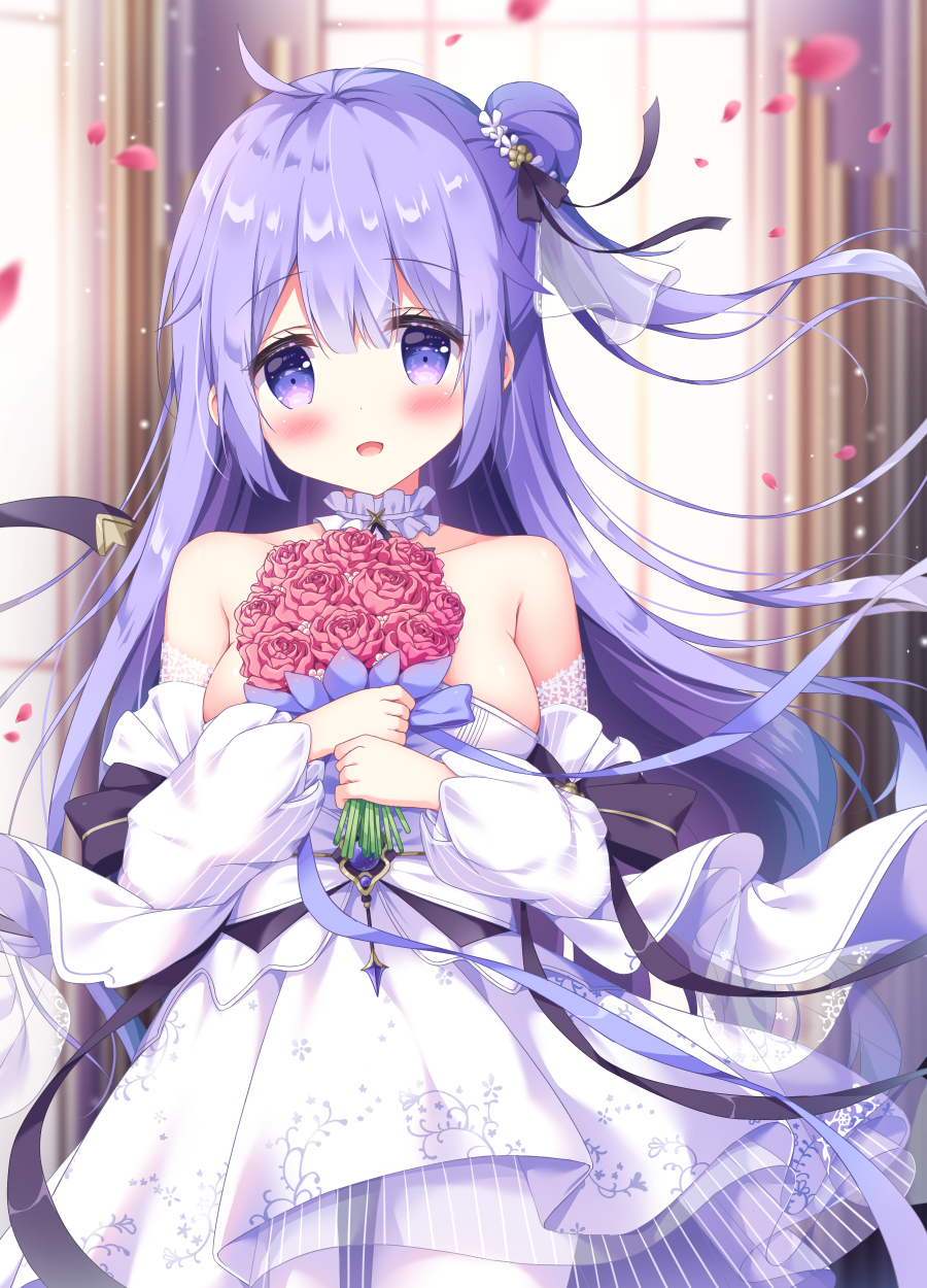 1girl :d azur_lane bangs bare_shoulders black_bow black_ribbon blurry blurry_background blush bouquet bow breasts collarbone commentary_request depth_of_field detached_sleeves dress eyebrows_visible_through_hair flower hair_between_eyes hair_bun hair_ribbon highres holding holding_bouquet indoors long_hair long_sleeves looking_at_viewer medium_breasts one_side_up open_mouth pantyhose petals puffy_long_sleeves puffy_sleeves purple_hair red_flower red_rose ribbon rose satsuki_yukimi see-through side_bun smile solo standing strapless strapless_dress unicorn_(azur_lane) very_long_hair violet_eyes white_dress white_legwear white_sleeves