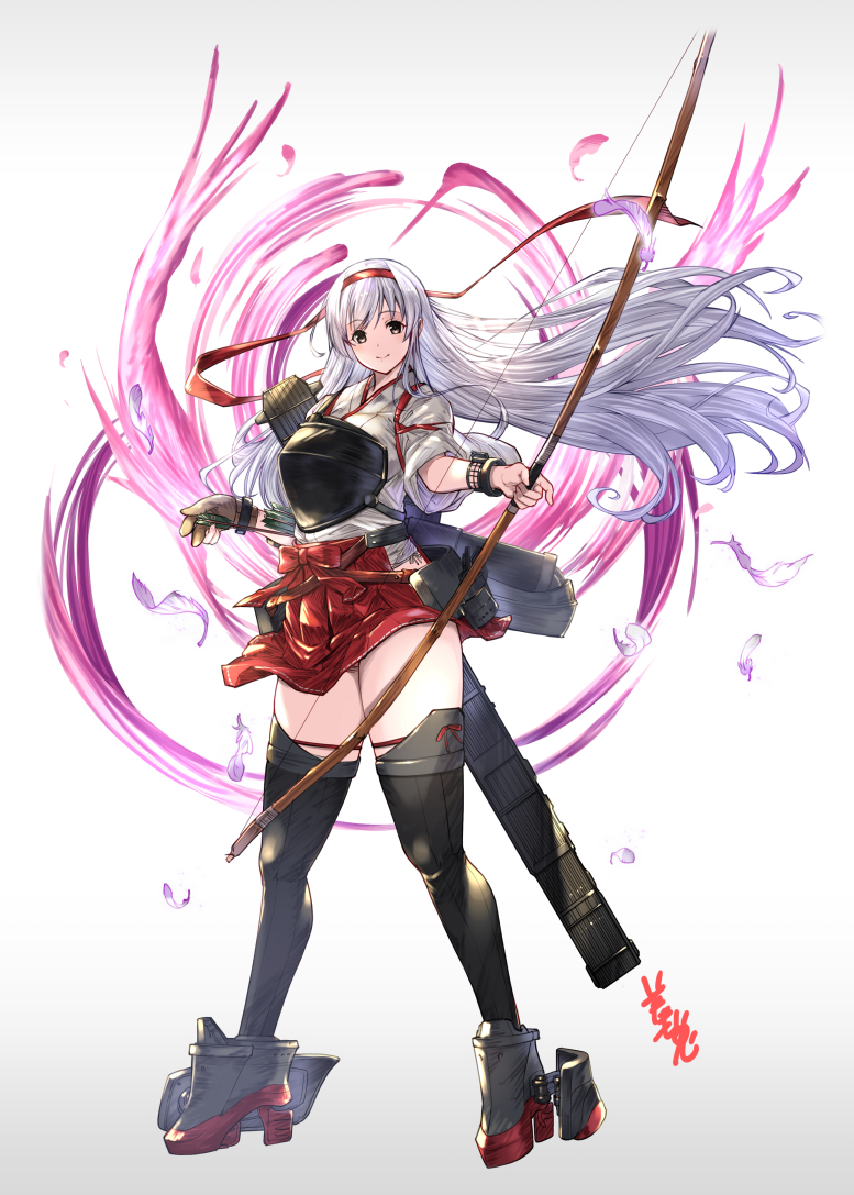 1girl arrow_(projectile) black_legwear blush bow_(weapon) breasts eyebrows_visible_through_hair gloves gradient gradient_background granblue_fantasy_(style) hachimaki hair_between_eyes hair_ribbon hairband hakama hakama_skirt headband holding holding_weapon japanese_clothes kantai_collection kimono long_hair long_sleeves looking_at_viewer partly_fingerless_gloves quiver red_hakama red_headband ribbon shinkaisei-kan shoukaku_(kantai_collection) silver_hair single_glove smile solo thigh-highs weapon white_hair white_kimono wide_sleeves youmou_usagi