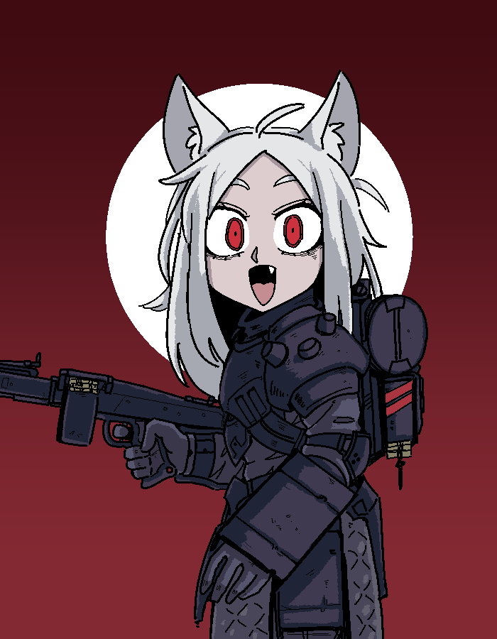 1girl artist_request cerberus_(helltaker) finger_on_trigger glowing glowing_eyes gun helltaker jin_roh looking_at_viewer machine_gun mg42 namesake parody protect-gear red_eyes solo weapon white_hair