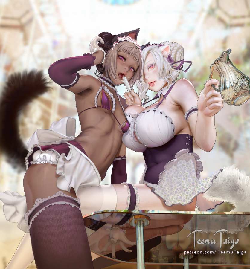 animal_ears apron arm_garter bangs bikini blurry blurry_background blush breasts cat_ears cat_tail choker dark_skin detached_sleeves food frilled_choker frills glass_table gloves grey_hair jug large_breasts leg_garter looking_at_viewer maid open_mouth original popsicle red_eyes short_hair sitting small_breasts standing swimsuit table tail teemu_rasinkangas thigh-highs tongue tongue_out violet_eyes waist_apron watermark web_address white_gloves white_hair