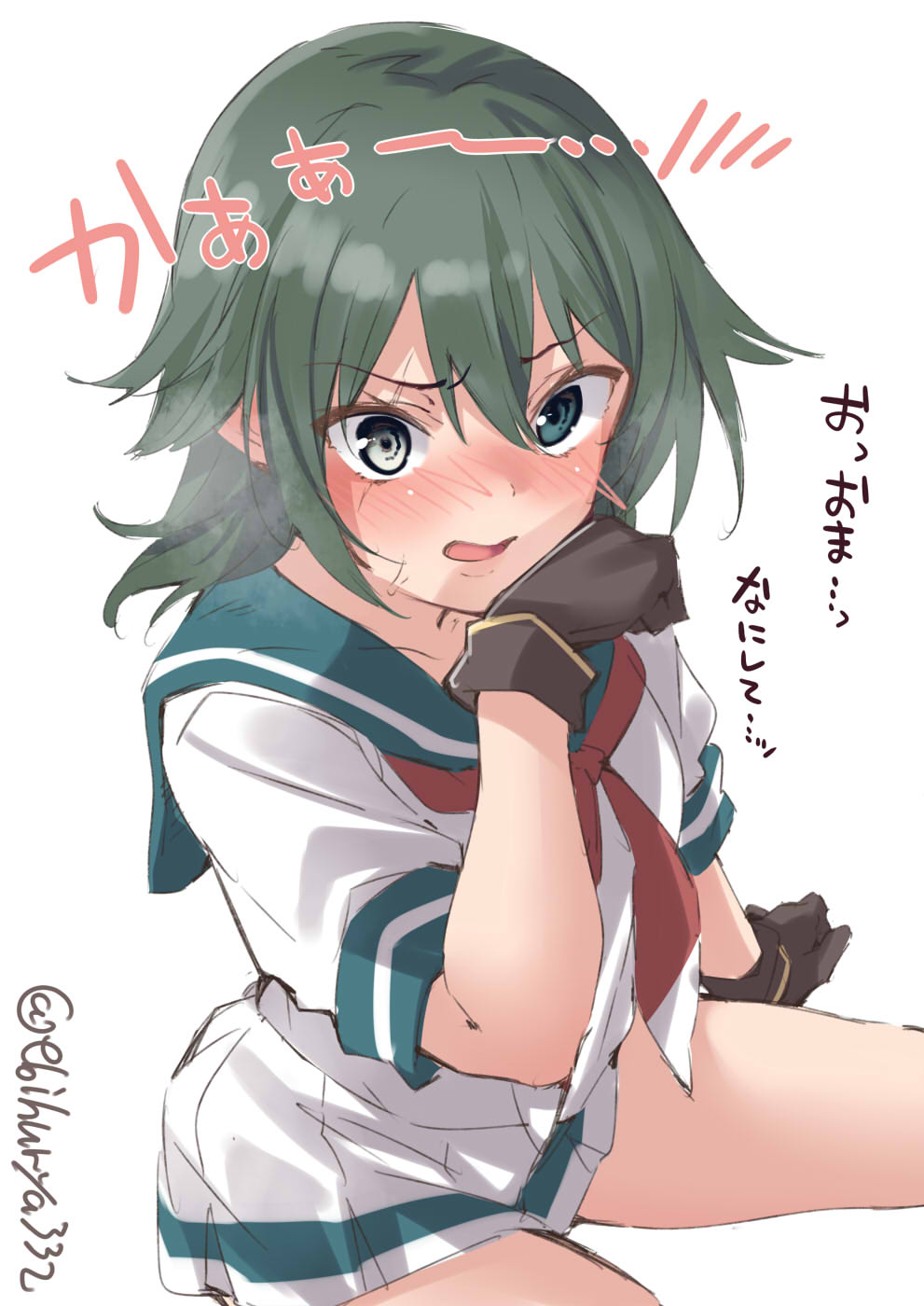 1girl aqua_sailor_collar blush brown_gloves cowboy_shot ebifurya eyebrows_visible_through_hair gloves green_eyes green_hair hair_between_eyes heterochromia highres kantai_collection kiso_(kantai_collection) neckerchief open_mouth pleated_skirt red_neckwear sailor_collar school_uniform serafuku short_hair short_sleeves simple_background skirt solo translation_request twitter_username white_background white_skirt