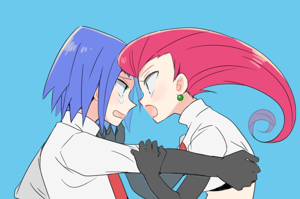 1boy 1girl atsumi_yoshioka black_gloves blue_background blue_eyes blue_hair comforting crop_top crying crying_with_eyes_open elbow_gloves eye_contact gloves green_earrings green_eyes kojirou_(pokemon) long_hair looking_at_another musashi_(pokemon) open_mouth pokemon pokemon_(anime) profile redhead shirt simple_background team_rocket tears upper_body white_shirt