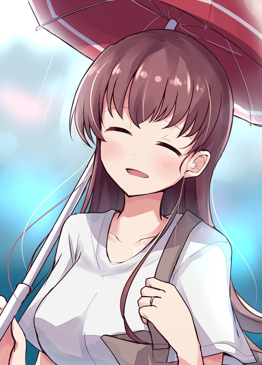 1girl bag blouse blurry blurry_background brown_hair closed_eyes collarbone highres jewelry kantai_collection long_hair looking_at_viewer ooi_(kantai_collection) red_umbrella ring smile solo soramuko umbrella upper_body wedding_band white_blouse