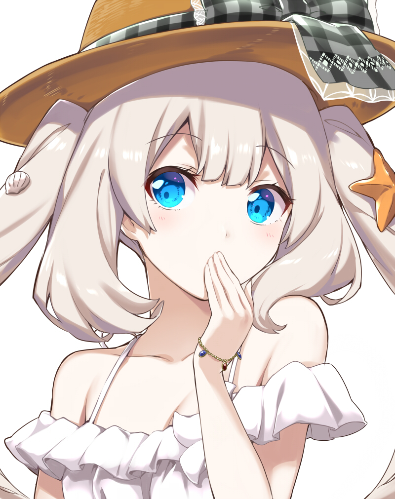 1girl blonde_hair blue_eyes bow bracelet checkered clam_shell commentary covering_mouth eyebrows_visible_through_hair fate/grand_order fate_(series) frilled_shirt frills hat hat_bow hat_ribbon jewelry kiss_day marie_antoinette_(fate/grand_order) marie_antoinette_(swimsuit_caster)_(fate) mitsuki_meiya ribbon shirt simple_background solo starfish_hair_ornament twintails white_background