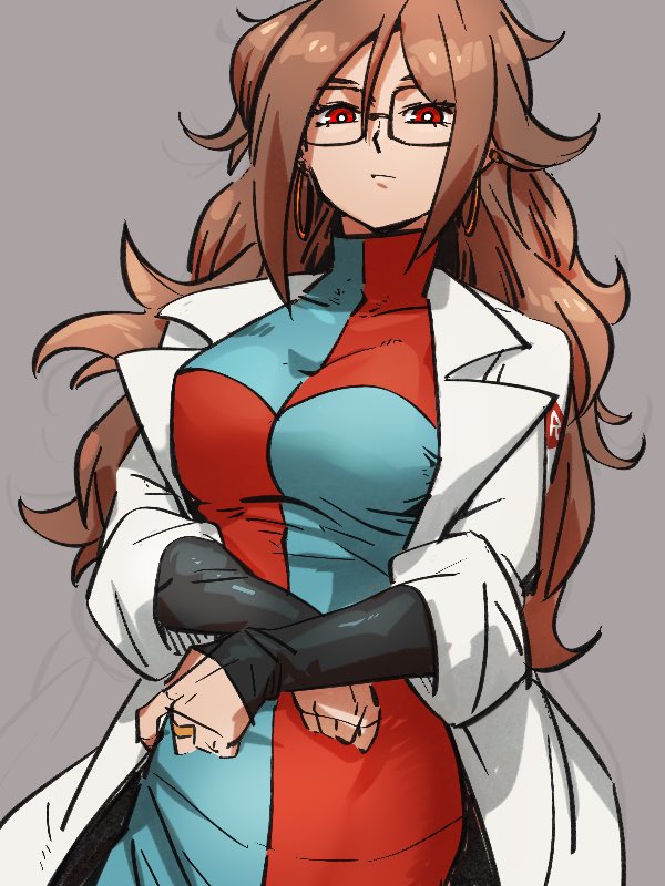 1girl android_21 breasts checkered checkered_dress dragon_ball dragon_ball_fighterz dress earrings glasses grey_background hair_between_eyes hoop_earrings jewelry kemachiku labcoat long_hair long_sleeves looking_at_viewer medium_breasts red_eyes red_ribbon_army redhead simple_background solo