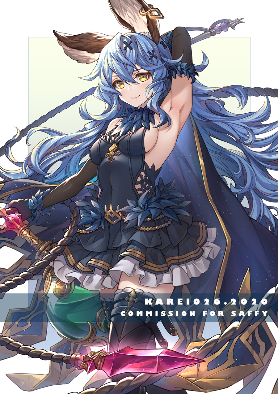 1girl animal_ears arm_up armpits backless_dress backless_outfit bare_shoulders black_dress black_gloves black_legwear blue_hair breasts commission curry_bowl dress earrings elbow_gloves erune ferry_(granblue_fantasy) frilled_dress frills gloves granblue_fantasy highres holding_whip hoop_earrings jewelry long_hair looking_at_viewer sideboob sideless_outfit single_earring sleeveless sleeveless_dress smile solo thigh-highs wavy_hair whip yellow_eyes zettai_ryouiki