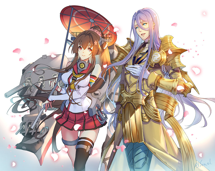 1boy 1girl armor blue_eyes brown_hair cannon cherry_blossoms commentary_request company_connection cowboy_shot crossover detached_sleeves flower full_armor gloves gold_armor hachisuka_kotetsu hair_between_eyes hair_flower hair_ornament headgear hip_vent kantai_collection kikumon long_hair machinery oriental_umbrella ponytail purple_hair red_skirt red_umbrella simple_background single_thighhigh skirt thigh-highs touken_ranbu turret umbrella white_background white_gloves yamato_(kantai_collection) yamatsuki_sou z_flag