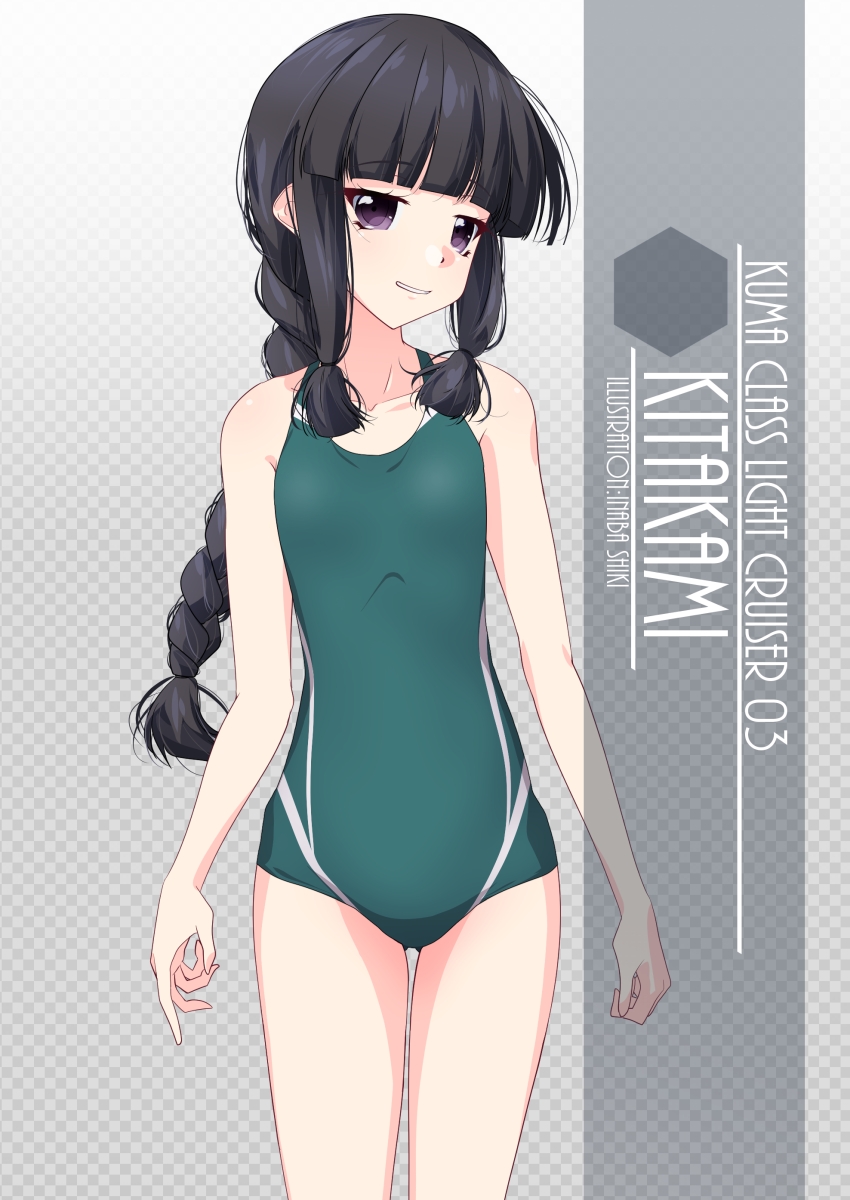 1girl alternate_breast_size ass_visible_through_thighs bangs black_eyes black_hair blunt_bangs braid character_name checkered checkered_background competition_swimsuit cowboy_shot flat_chest gradient gradient_background green_swimsuit grey_background hair_ribbon highres inaba_shiki kantai_collection kitakami_(kantai_collection) long_hair one-piece_swimsuit ribbon sidelocks single_braid solo swimsuit tress_ribbon