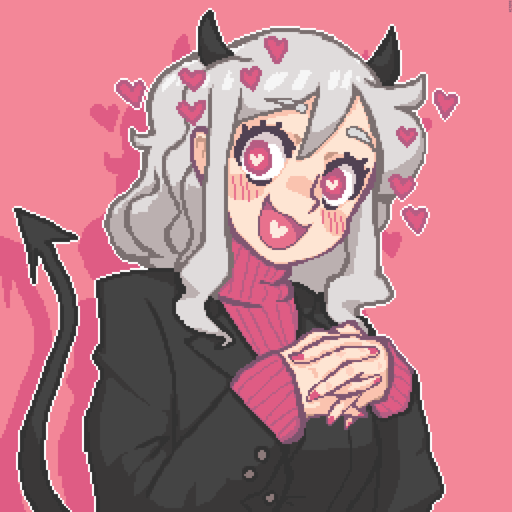 1girl black_suit blush breasts demon_girl demon_horns demon_tail happy hcnone heart heart-shaped_pupils helltaker horns long_sleeves looking_at_viewer modeus_(helltaker) open_mouth pixel_art red_eyes shirt simple_background sleeves_past_wrists smile solo sweater symbol symbol-shaped_pupils tail turtleneck upper_body white_hair