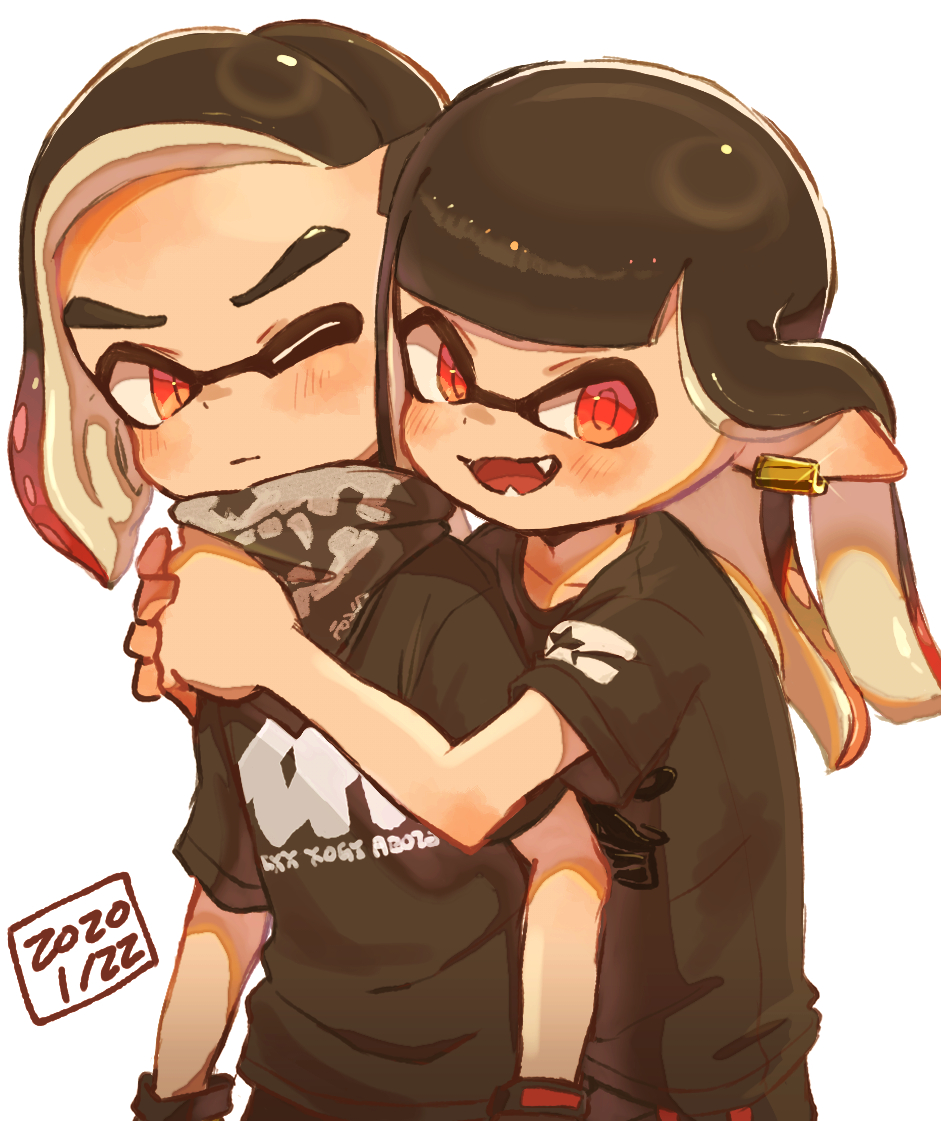 1boy 1girl bandana bangs black_bandana black_gloves black_hair black_shirt blunt_bangs brother_and_sister commentary dated domino_mask ear_clip fangs gloves gradient_hair harutarou_(orion_3boshi) hug hug_from_behind inkling light_frown long_hair looking_at_another looking_at_viewer mask medium_hair multicolored_hair one_eye_closed open_mouth pointy_ears red_eyes redhead shirt short_sleeves siblings simple_background smile sparkle splatoon_(series) standing t-shirt tentacle_hair twins white_background