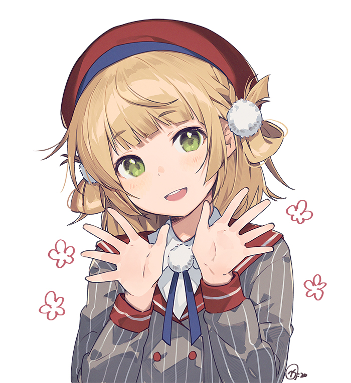 1girl bangs beret blonde_hair braid commentary eyebrows_visible_through_hair french_braid green_eyes grey_shirt hair_pom_pom hair_rings hat head_tilt long_sleeves looking_at_viewer medium_hair nagu open_hands open_mouth pom_pom_(clothes) red_sailor_collar sailor_collar shigure_ui_(channel) shigure_ui_(vtuber) shirt simple_background smile solo striped striped_shirt upper_body white_background