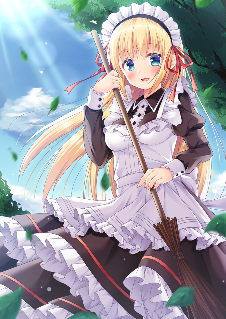 1girl :d apron bangs black_dress blonde_hair blue_eyes blue_sky blush broom clouds collared_dress commentary_request day dress eyebrows_visible_through_hair frilled_apron frilled_dress frills fujikura_ryuune hair_between_eyes holding holding_broom juliet_sleeves leaves_in_wind long_hair long_sleeves maid maid_apron maid_headdress open_mouth original outdoors puffy_sleeves red_ribbon ribbon sidelocks sky sleeves_past_wrists smile solo tree very_long_hair white_apron