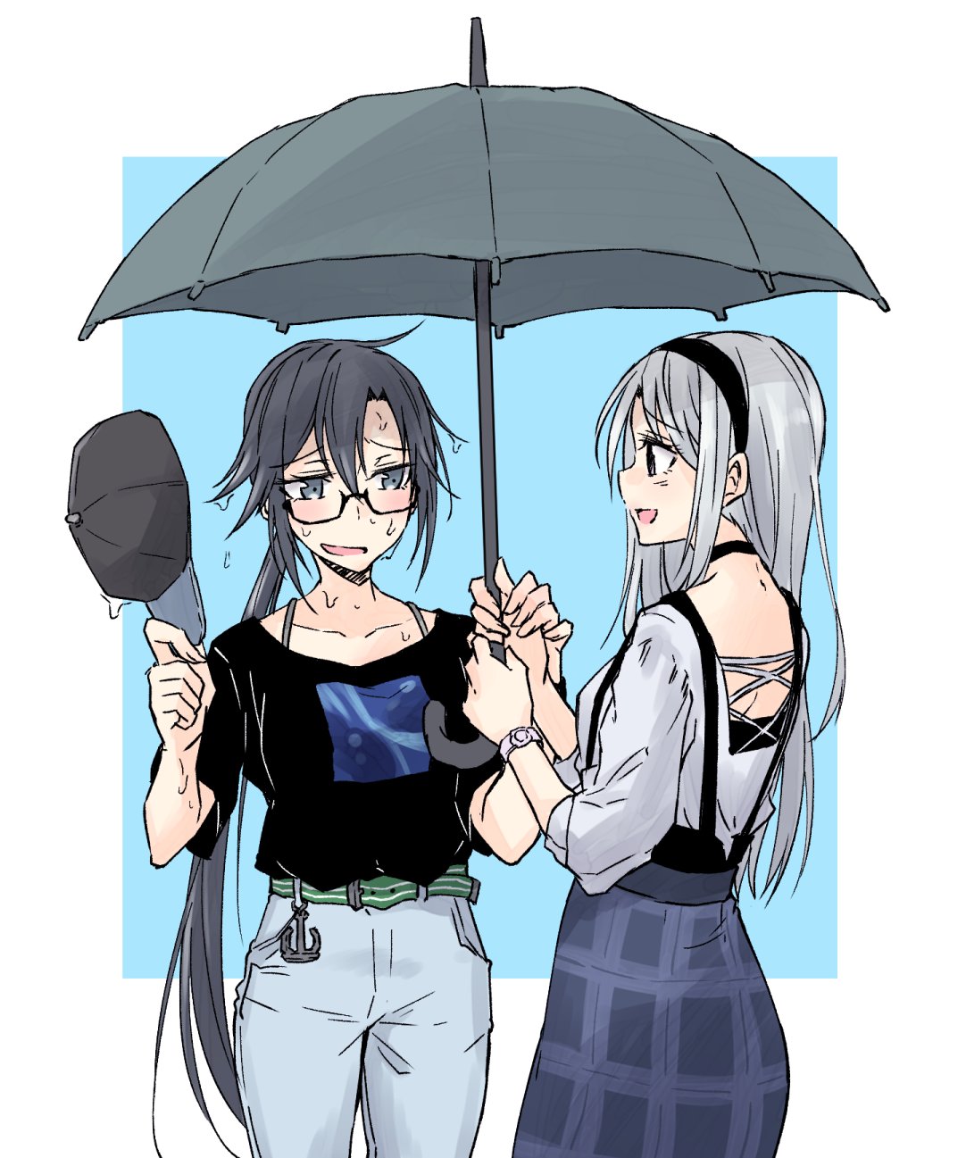 2girls alternate_costume amagiri_(kantai_collection) bangs belt black_hair black_headwear blue_skirt blush breasts eyebrows_visible_through_hair glasses hair_between_eyes hairband hat highres holding holding_hat holding_umbrella kantai_collection long_hair multiple_girls open_mouth pants ponytail rindou_(rindou_annon) sagiri_(kantai_collection) shirt silver_hair simple_background skirt two-tone_background umbrella watch watch wet wet_clothes wet_hair