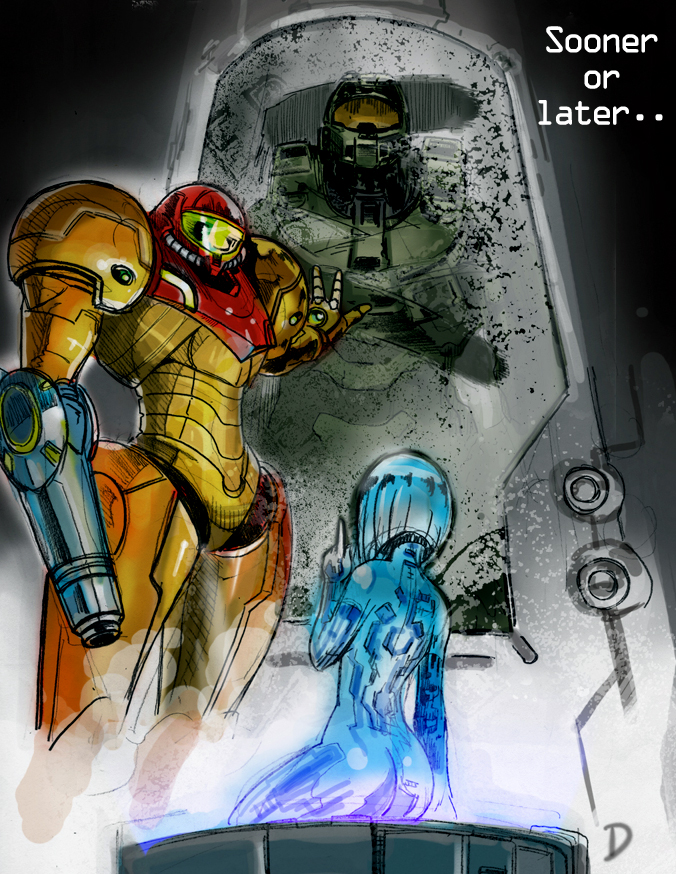 1boy 2girls butt_crack cortana crossover cryogenic_pod dandy halo_(game) looking_down master_chief metroid multiple_girls pointing power_armor samus_aran spartan_(halo) visor