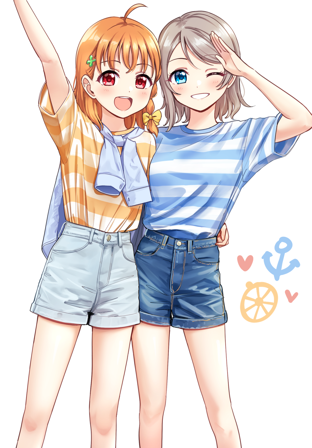 2girls :d anchor_symbol antenna_hair arm_around_waist arm_up bangs blue_eyes blue_jacket blue_shirt blush bow braid deadnooodles denim denim_shorts eyebrows_visible_through_hair food fruit grey_hair hair_bow hair_ornament hairclip heart highres jacket jacket_around_neck looking_at_viewer love_live! love_live!_sunshine!! medium_hair multiple_girls one_eye_closed open_mouth orange orange_hair orange_shirt red_eyes salute shirt shirt_tucked_in short_sleeves shorts simple_background smile striped striped_shirt takami_chika upper_teeth watanabe_you white_background yellow_bow